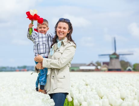 Little boy with bouquet red tulips and his mother between of the white tulips field