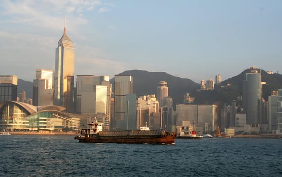 Hong Kong harbour and ships on sunset