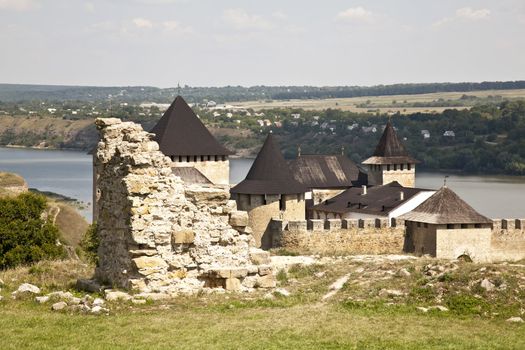 Hotin castle with ruins in summer in ukraine