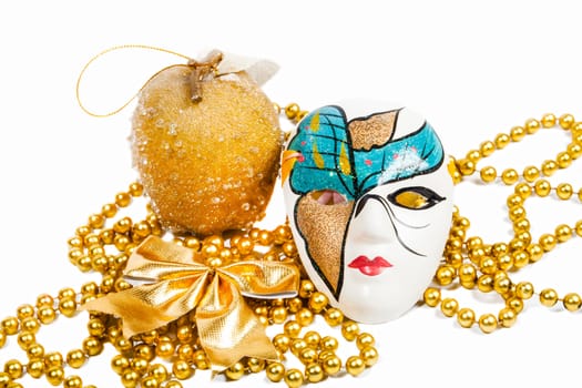 Blue and golden holiday mask with Christmas decorations