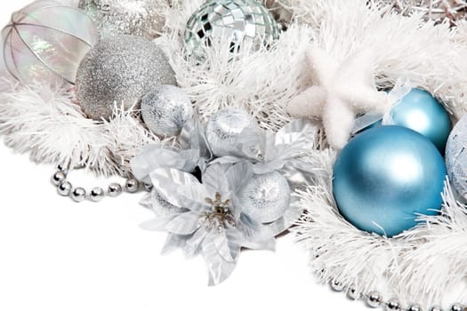 Christmas composition with blue ball and silver flower