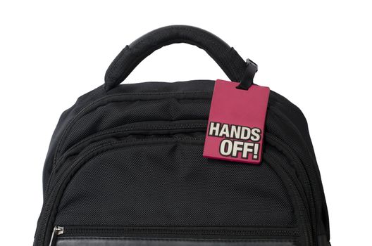 close of a rucksack with sign hands off on it on white background