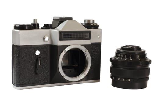 vintage camera and lens on white background