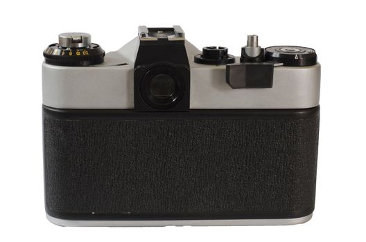 back of a vintage camera on white background