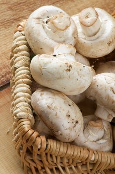 Part of Basket with Perfect Big Raw Champignons closeup on Wooden background