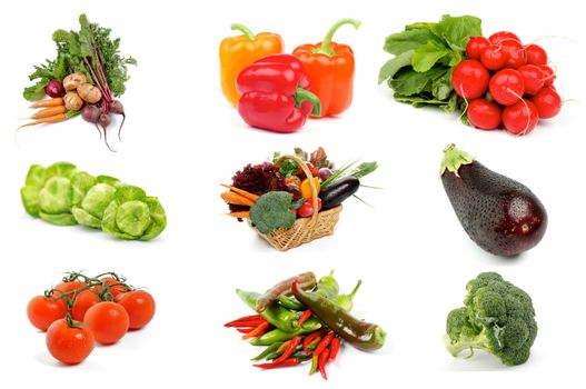 Vegetable Collection with Raw Beet, Carrot, Potato, Bell Peppers, Chili Peppers, Tomatoes, Radish, Broccoli, Eggplant and Brussels Sprouts isolated on white background