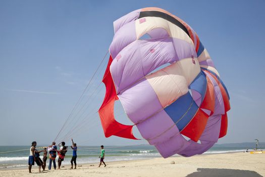 Workers getting a customer ready for paragliding over the sandy shoreline on a secluded beach patrolled by lifeguards