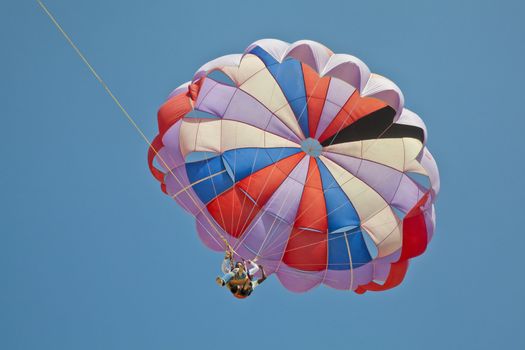 Horizontal landscape of a generic shot of asian paragliders flying tandem overhead in a clear blue sky. Image generated in Goa India