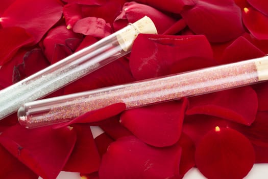 Rose petals with test tubes