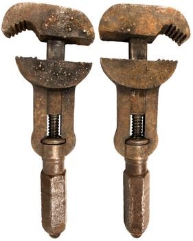 Old Rusty Wrench isolated on white background - front and back