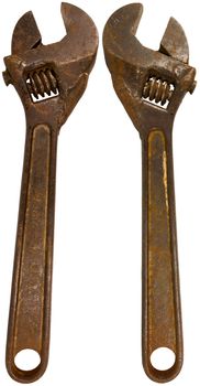 Old Rusty Wrench isolated on white background - front and back