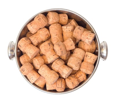 Wine Corks in Bucket, top view, on white background