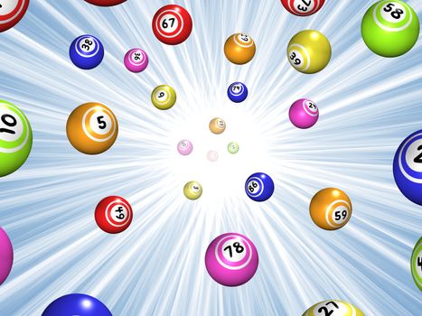 Illustration of Bingo balls over a blue starburst background