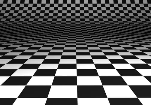 Illustration of a black and white floor curved in the distance