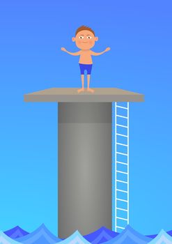 Illustration of a boy standing on a diving platform