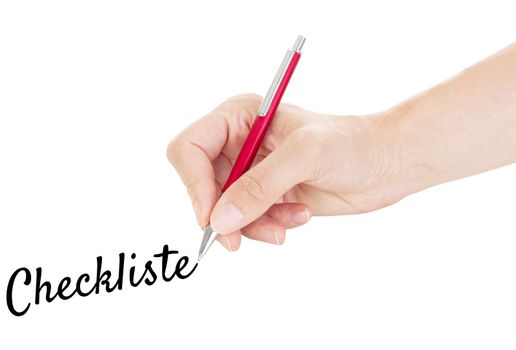 Hand with pen isolated on white background: checklist
