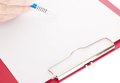 Hand with pen on clipboard