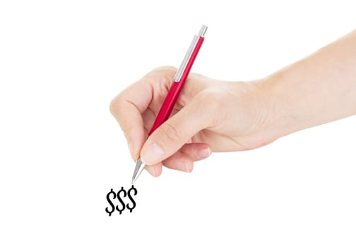 Hand with pen isolated on white background