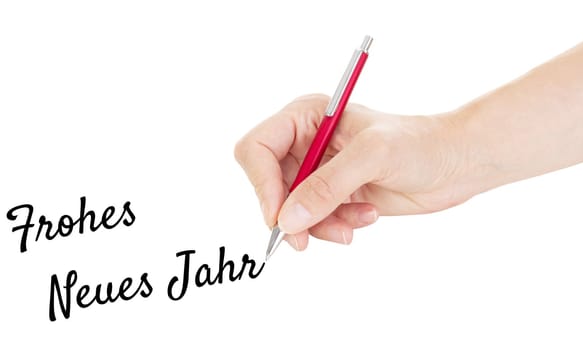 Hand with pen isolated on white background