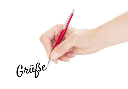 Hand with pen isolated on white background