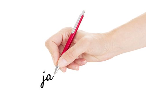 Hand with pen isolated on white background