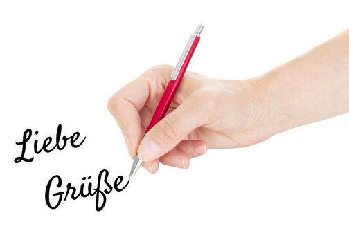 Hand with pen isolated on white background