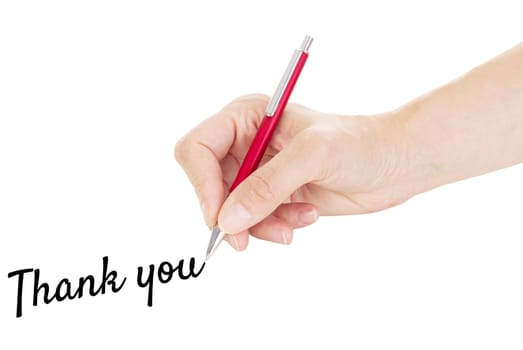 Hand with pen isolated on white background