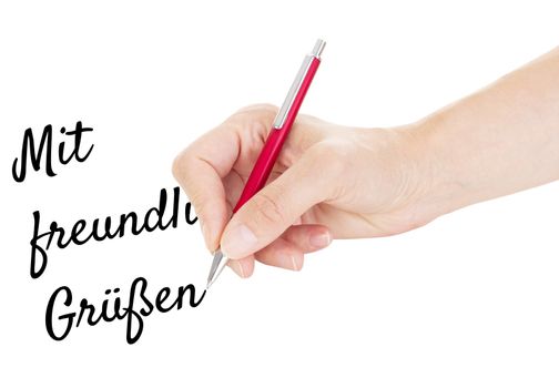 Hand with pen isolated on white background