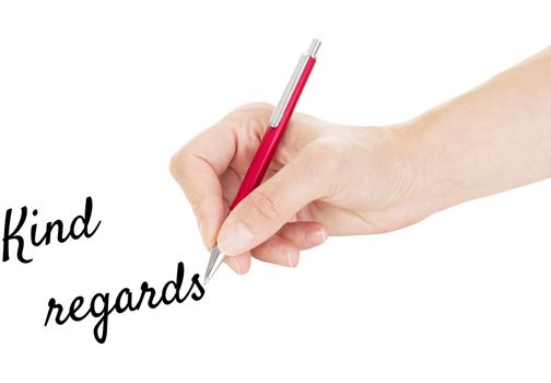 Hand with pen isolated on white background