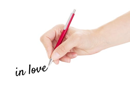Hand with pen isolated on white background