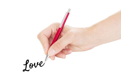 Hand with pen isolated on white background