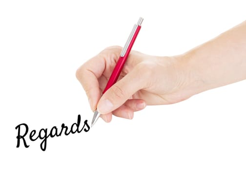 Hand with pen isolated on white background