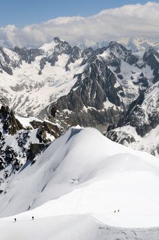 Mountaineering people at snow land of Mont Blanc in Chamonix, France.