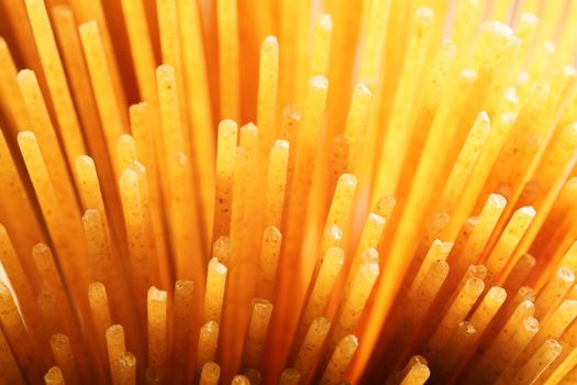 Macro photo of a stack of dry wholewheat spaghetti pasta.  Very shallow depth of field focusing on tips of pasta.