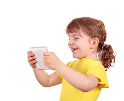 happy little girl with tablet pc on white 