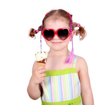 little girl with sunglasses eat ice cream on white 