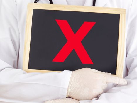 Doctor shows information on blackboard: no