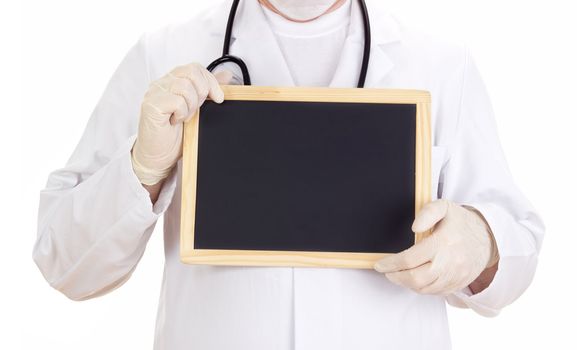 Doctor shows information on blackboard