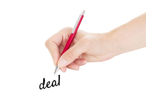 Hand with pen isolated on white background