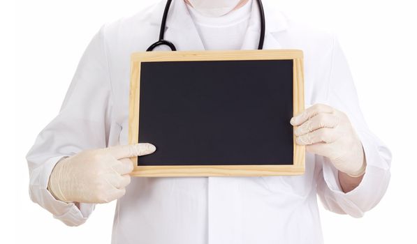 Doctor shows information on blackboard