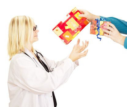 Medical doctor grabbing two gifts