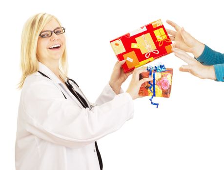 Medical doctor grabbing two gifts