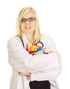 Medical doctor hugging some gifts