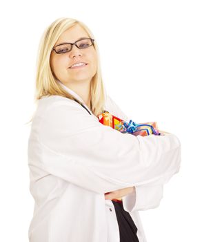 Medical doctor hugging some gifts