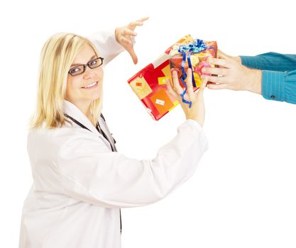 Medical doctor grabbing two gifts