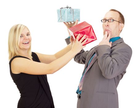 Two business people throwing their gifts