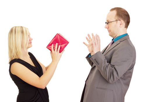 Two business people throwing a gift