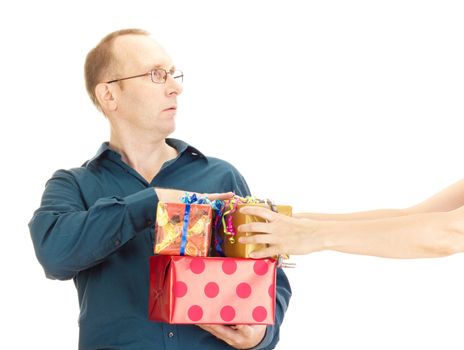 A person takes a gift from a business person