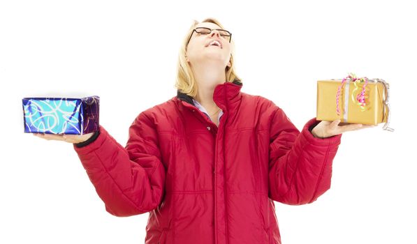 A female person juggling with two colorful gifts