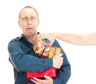 A person takes a gift from a business person